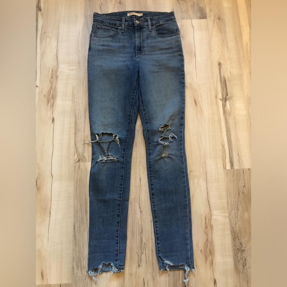 Levi's 721 High Rise Skinny Jeans W28 L32 Distressed Raw Hem Stretch Blue